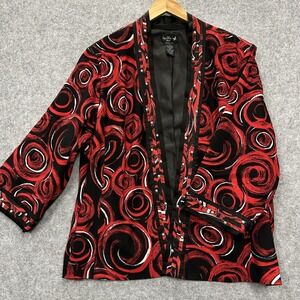 Ivy Chic Open Front Jacket Women's Size 2X Red Black Abstract Swirl Studded Trim